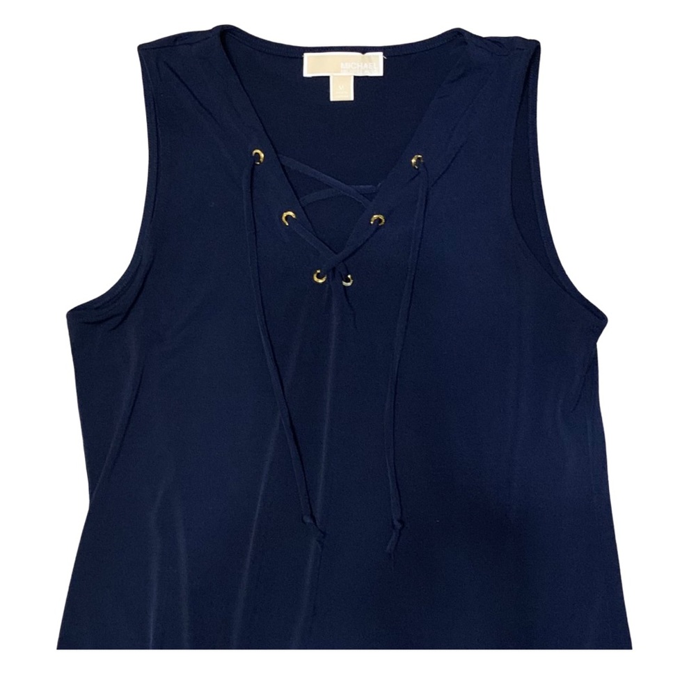 Michael Kors solid Navy Blue sleeveless dress with gold eyelets—ties in front - Picture 3 of 6